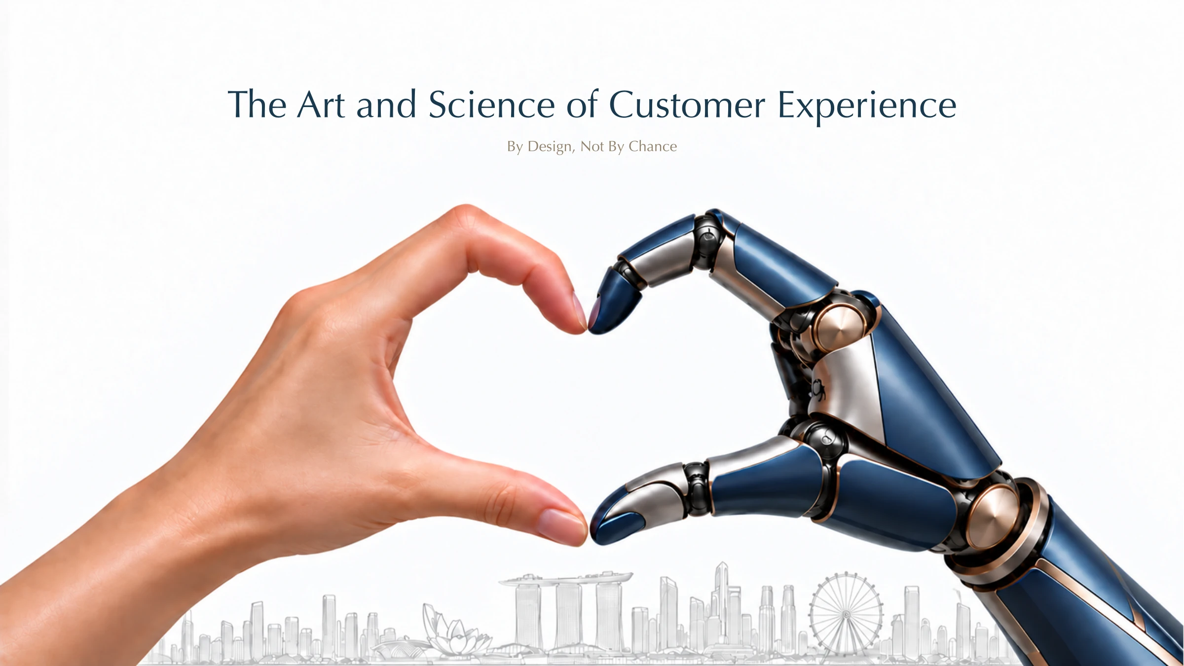 The Art and Science of Customer Experience — By Design, Not By Chance. Human and robotic hands form a heart above the Singapore skyline.