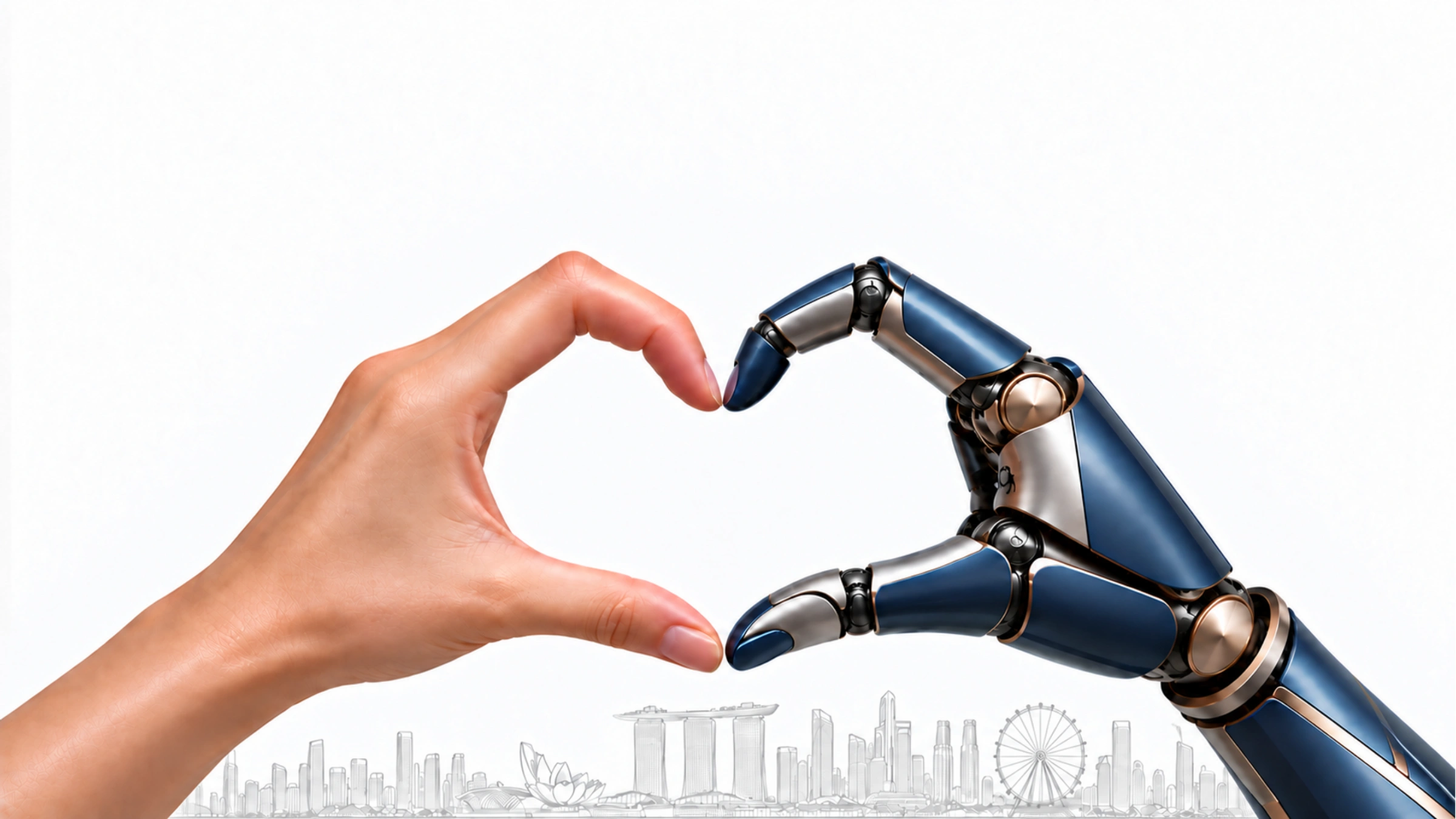 The Art and Science of Customer Experience — By Design, Not By Chance. Human and robotic hands form a heart above the Singapore skyline.