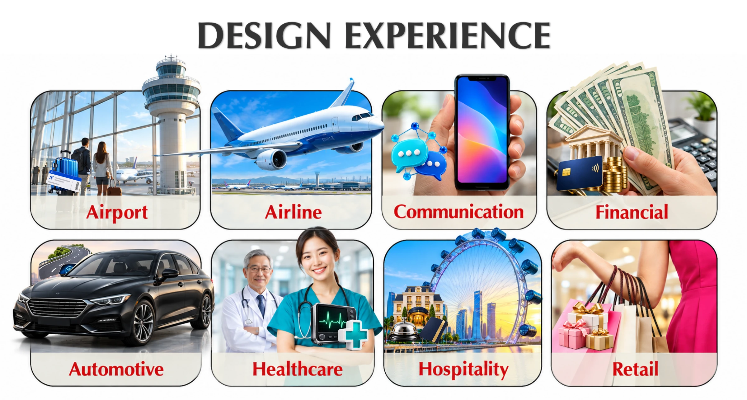 Design Experience — eight industries in the approved colourful layered 4-by-2 composition.