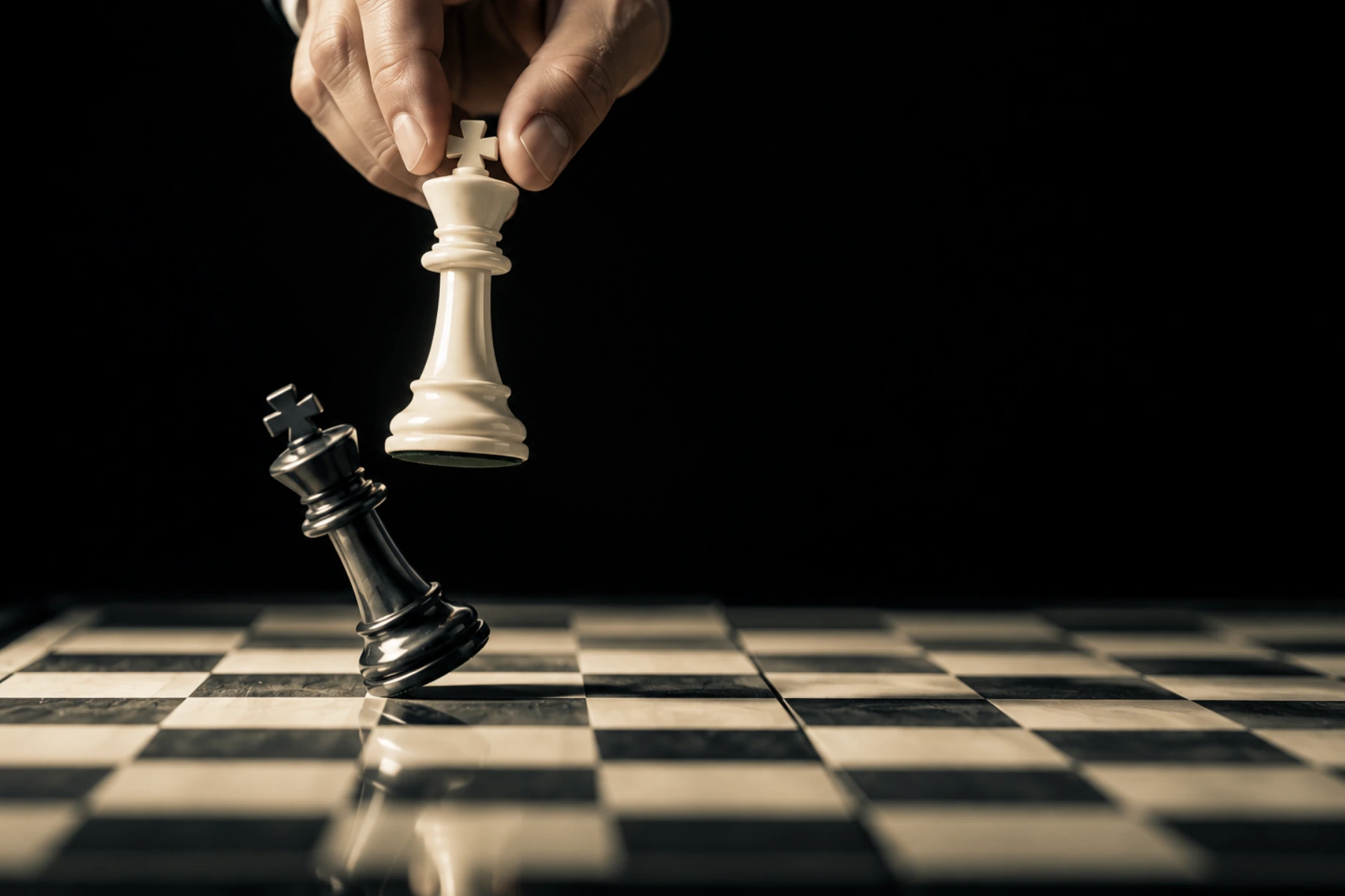 An original cinematic illustration of a natural hand holding an ivory king above a falling dark king on a chessboard.